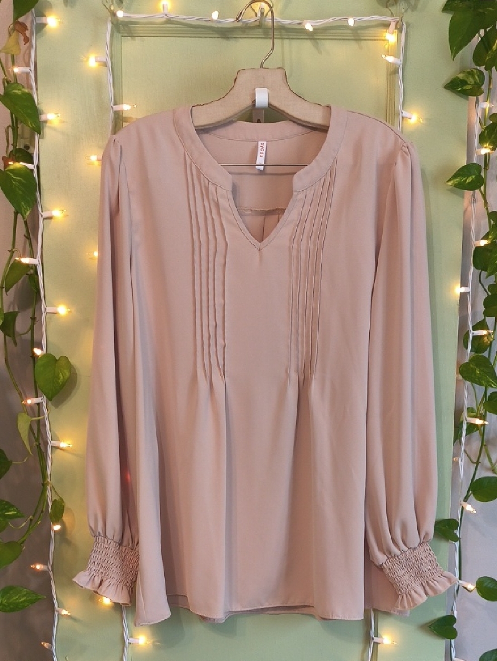 Women's Syoss V-neck Balloon Arm Ruffle Wrist Beige Flowy Blouse XL
